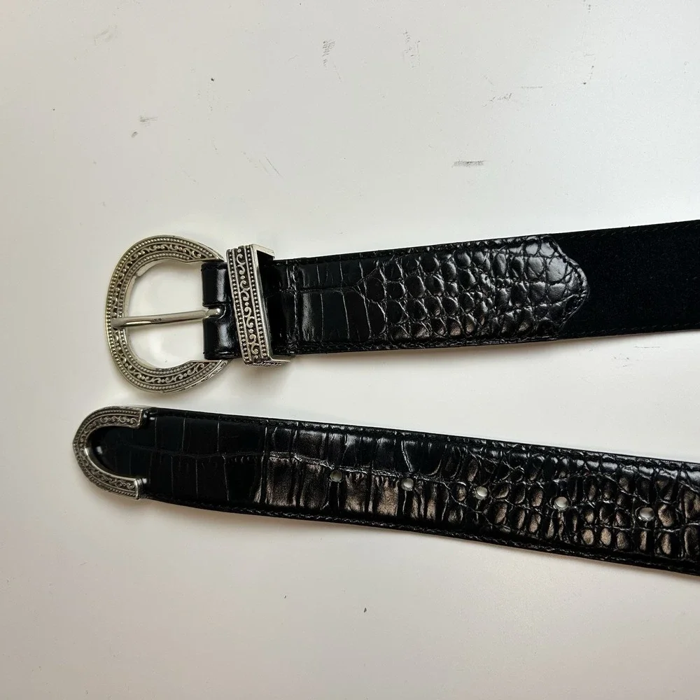 BRIGHTON Classic Reptile Leather Belt Black Silver Size ML 32 VIntage‎ Western